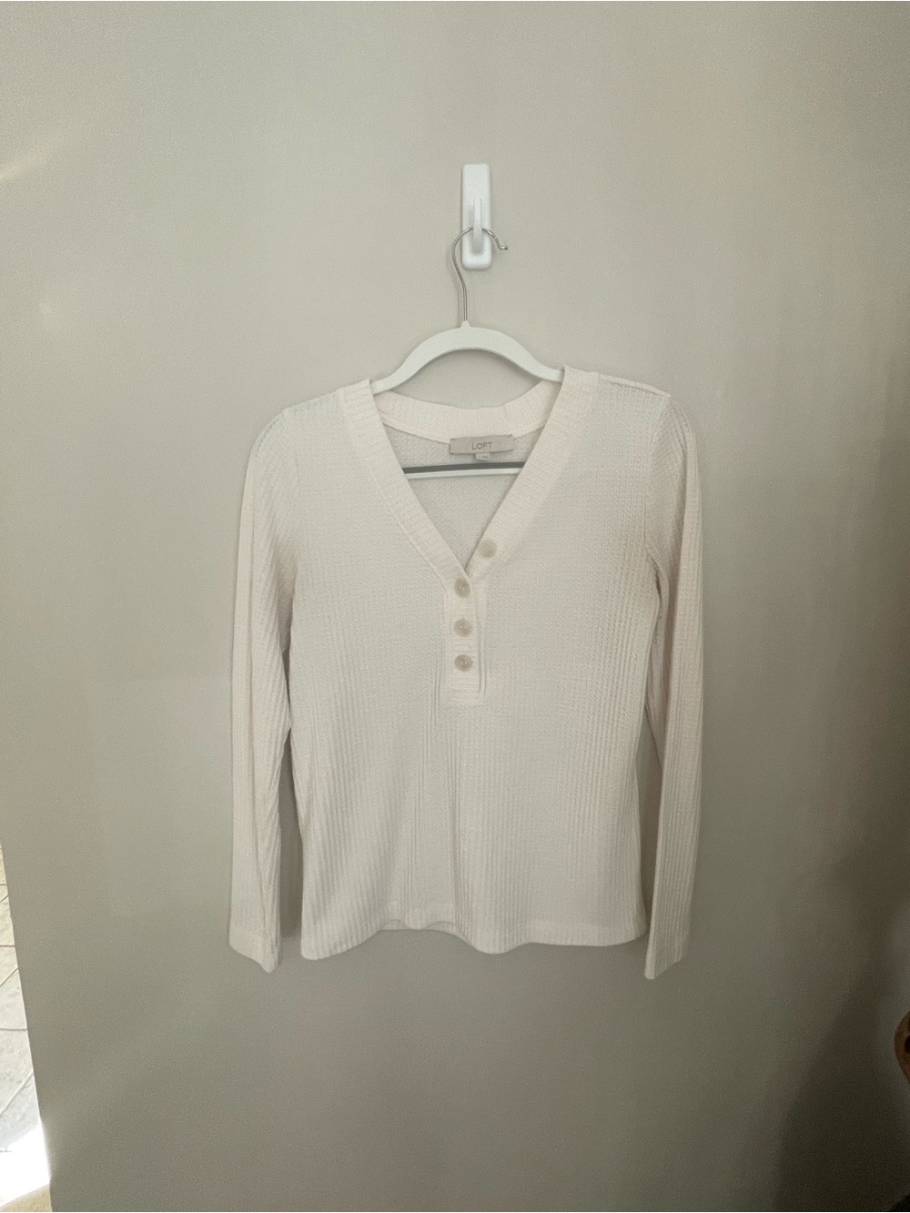 LOFT White Waffle Knit Henley Top Size Small